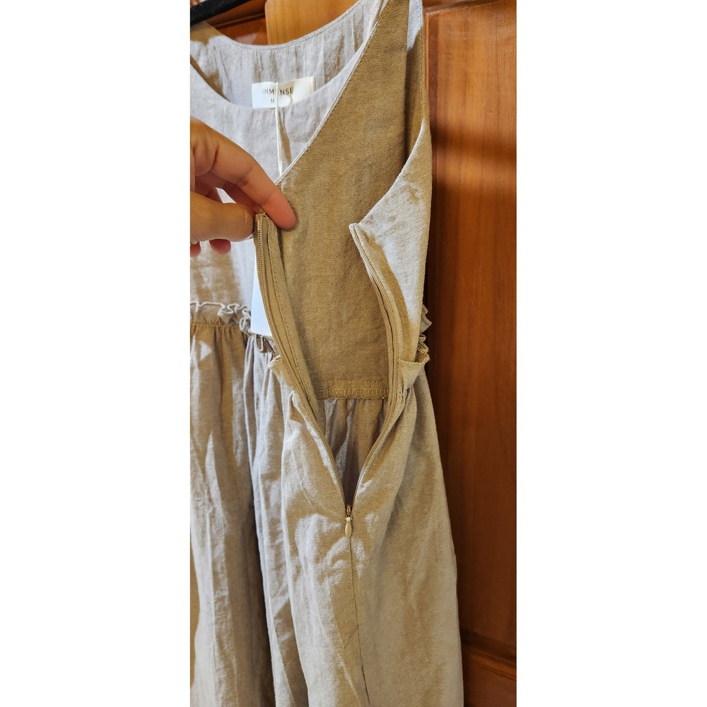 Commense Tan Cotton Linen Tie Shoulder Ruffle Empire Waist Mini Dress NWT Size M - Picture 5 of 7
